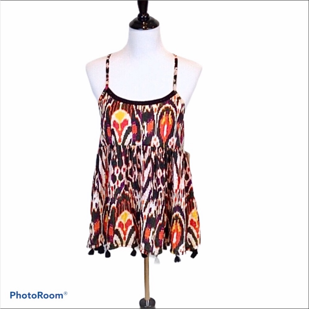 a.n.a black multi color tasseled babydoll camisole top